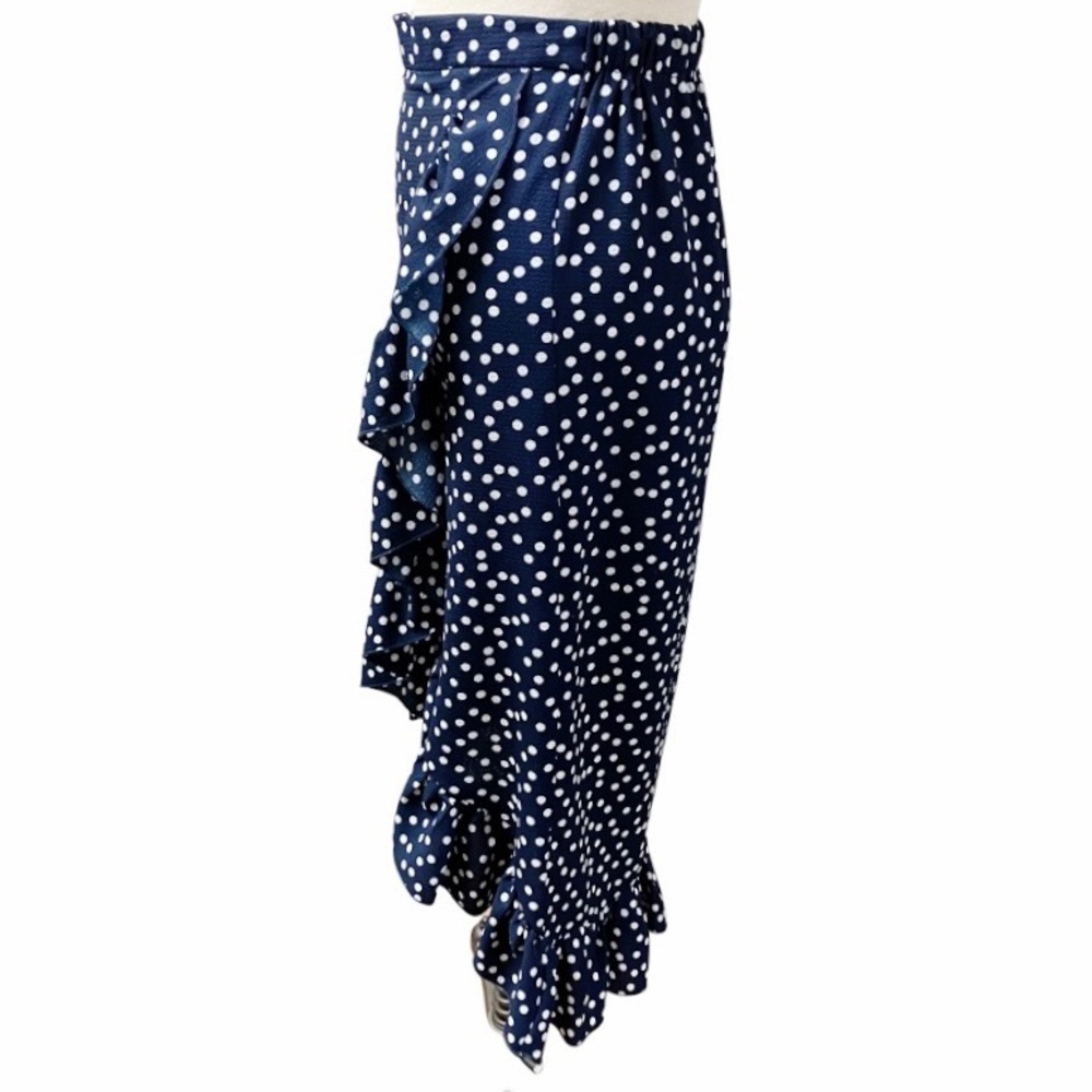 BLUE RAIN Faux Wrap Skirt Women’s SIZE XS Navy/White Polka Dot Ruffle Stretch - Picture 8 of 10